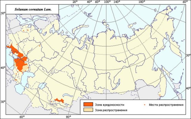 Ареал и зоны вредоносности Паслена колючего