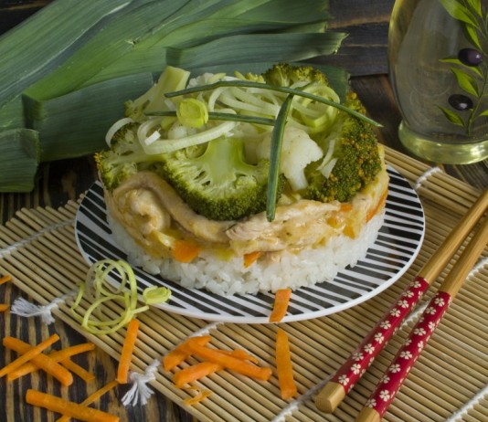 Бефстроганов из курицы с луком пореем, рисом, брокколи и цветной капустой - Основные блюда и гарниры Бефстроганов из курицы с луком пореем, рисом, брокколи и цветной капустой