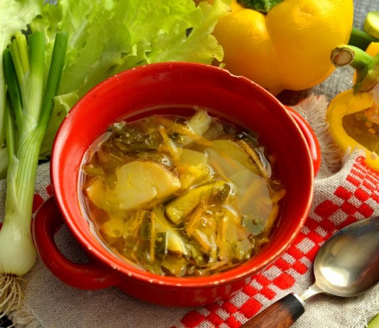 Свежие щи с курицей и листовым салатом