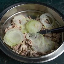 Добавляем порезанную тонкими кольцами головку репчатого лука
