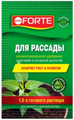 Удобрение для рассады Bona Forte содержит янтарную кислоту, которая выступает как эффективный катализатор обменных процессов, а набор элементов и витаминов даст всё необходимое для питания