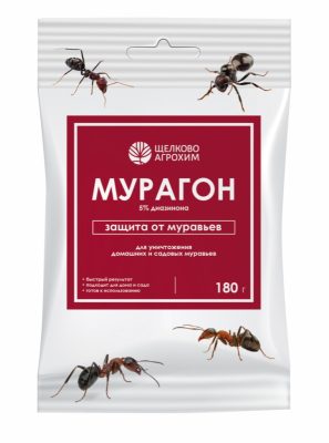 Препарат «Мурагон» в форме гранул представляет собой аппетитную для муравьёв пищевую приманку с добавлением контактно-кишечного инсектицида диазинона. Препарат «Мурагон» в форме гранул представляет собой аппетитную для муравьёв пищевую приманку с добавлением контактно-кишечного инсектицида диазинона.