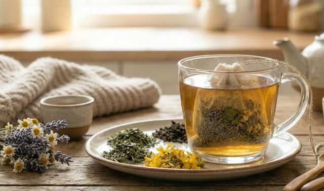 «Мягкое заземление». Травяной чай с пустырником, липой, ромашкой и мелиссой мягко снимает внутреннее напряжение, расслабляет тело и успокаивает мысли, создавая чувство тепла и комфорта вечером или в моменты тревоги.