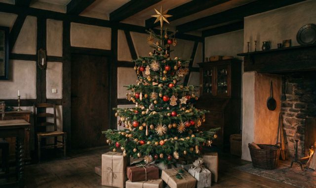 Классическая рождественская ель в рустикальном интерьере. Украшения на ней глубоко символичны: яблоки напоминают о плодах из райского сада, а звезда на макушке — о Вифлеемской звезде, возвестившей рождение Спасителя. Именно так мог выглядеть праздник в Европе столетия назад.