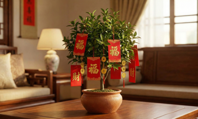 В Китае цитрусовое деревце — это живой символ богатства, ведь названия мандарина и апельсина созвучны словам «золото» и «удача». Такое дерево украшают монетками и красными конвертами с пожеланиями, призывая в дом процветание.