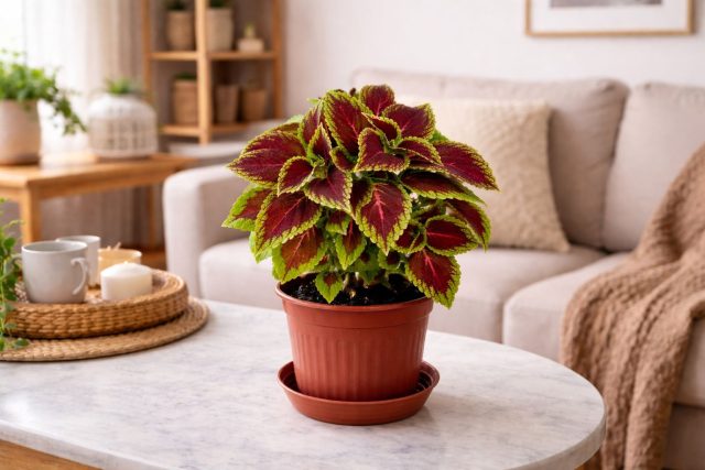 Колеус ценят за необычную окраску листвы. Каждый сеянец получается уникальным: с узорами, прожилками и контрастными краями. Растение быстро растёт, легко переносит прищипку и отлично подходит для яркого подоконника.