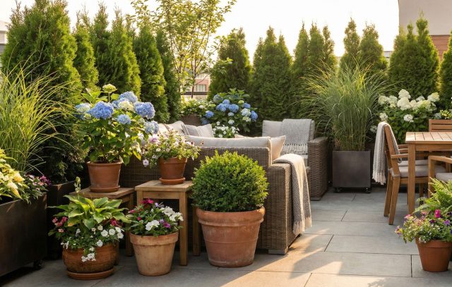 Мобильный сад в контейнерах позволяет гибко управлять пространством террасы. Используя кашпо на колесиках с туями или гортензиями, вы можете менять границы зоны отдыха, создавая живой заслон именно там, где он нужен сейчас. Мобильный сад в контейнерах позволяет гибко управлять пространством террасы. Используя кашпо на колесиках с туями или гортензиями, вы можете менять границы зоны отдыха, создавая живой заслон именно там, где он нужен сейчас.