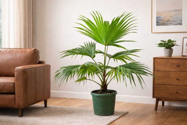 Ливистона китайская выделяется крупными веерными листьями, которые раскрываются почти в круг и делают растение заметным акцентом в интерьере.