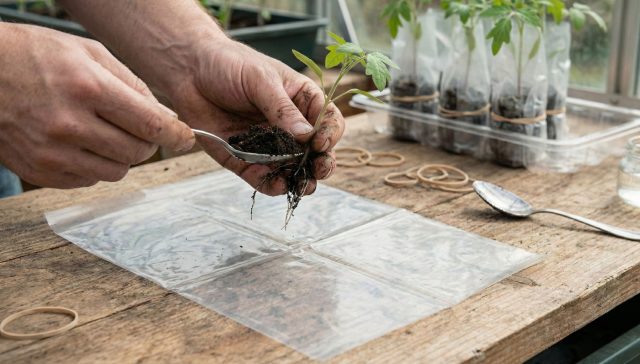 На прямоугольник пленки насыпают ложку грунта, укладывают сеянец и заворачивают его. Корни при этом не прищипывают, чтобы они не теряли времени на восстановление и сразу росли вглубь.