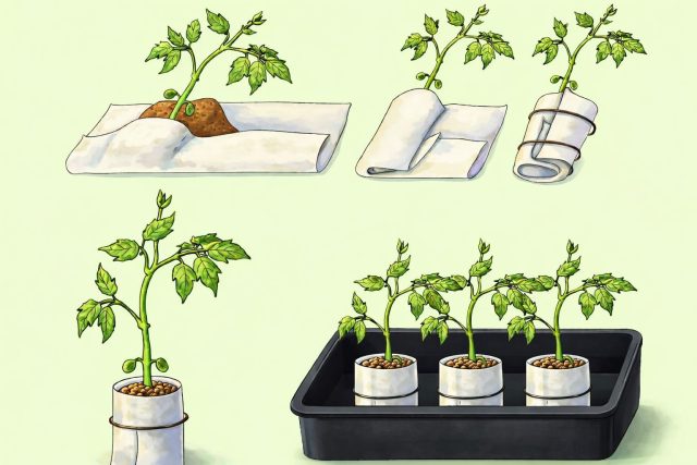 Пошаговая схема пеленания: подверните нижний край пленки, чтобы грунт не высыпался, сверните рулон и закрепите резинкой. По мере роста в «пеленку» удобно досыпать землю, просто развернув край.