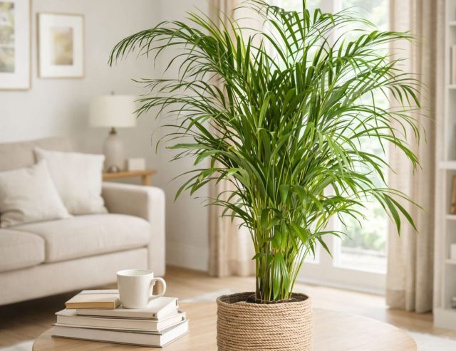 Ховея Форстера создаёт ощущение солидного, взрослого растения с широкими изогнутыми листьями и тёмно-зелёной листвой, которая долго сохраняет форму и визуальную «дороговизну».