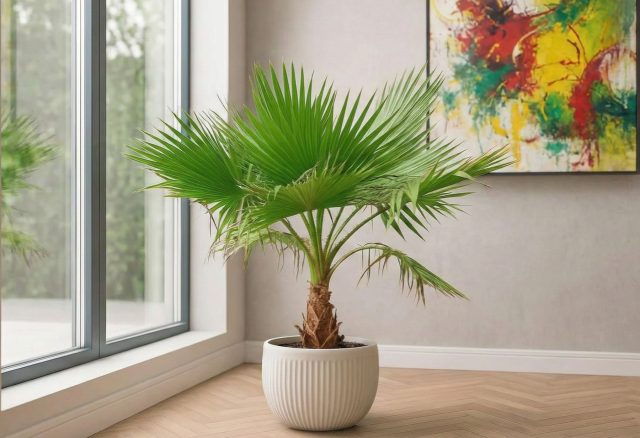 Вашингтония мощная создаёт жёсткий, графичный силуэт благодаря крупным веерным листьям и постепенно утолщающемуся стволу.