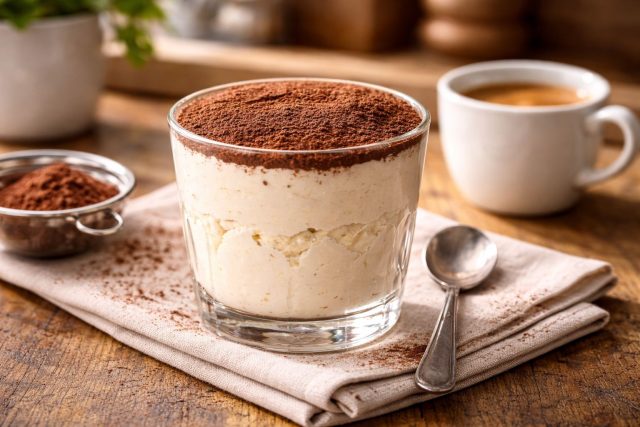 Мягкий творог, пропитанный крепким кофе и покрытый слоем горького какао, создаёт иллюзию классического тирамису. Быстрый десерт с ароматом кофейни, который готовится буквально одной ложкой.