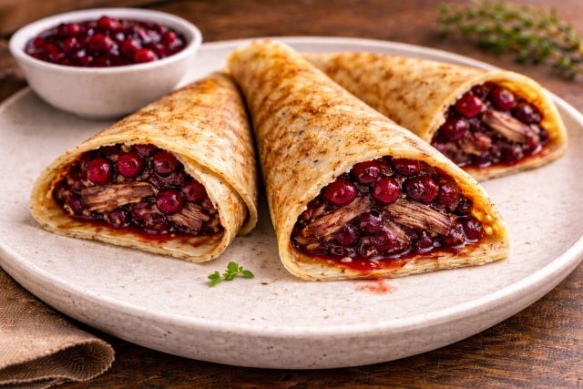 Мясо утки обладает выраженным вкусом, который требует кисло-сладкого сопровождения. Брусничный соус дает именно ту терпкость, которая «облегчает» восприятие жирного мяса, превращая блин в полноценное горячее блюдо. Мясо утки обладает выраженным вкусом, который требует кисло-сладкого сопровождения. Брусничный соус дает именно ту терпкость, которая «облегчает» восприятие жирного мяса, превращая блин в полноценное горячее блюдо.