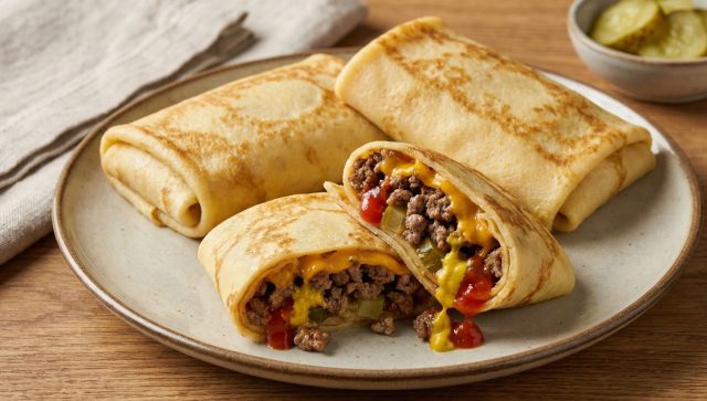 Узнаваемый вкус фастфуда: сочное мясо, расплавленный чеддер и кислинка маринованных огурцов. Смесь кетчупа и горчицы завершает композицию, делая блин почти неотличимым от настоящего бургера в мягкой булке. Узнаваемый вкус фастфуда: сочное мясо, расплавленный чеддер и кислинка маринованных огурцов. Смесь кетчупа и горчицы завершает композицию, делая блин почти неотличимым от настоящего бургера в мягкой булке.