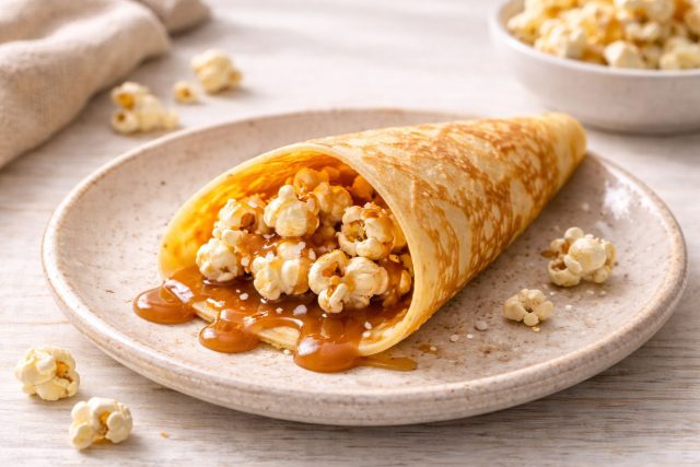 Игра контрастов: мягкое теплое тесто и сухой хрустящий попкорн внутри. Тягучая соленая карамель связывает всё вместе, создавая ощущение кинотеатра. Главное — есть быстро, пока попкорн сохраняет свою воздушность. Игра контрастов: мягкое теплое тесто и сухой хрустящий попкорн внутри. Тягучая соленая карамель связывает всё вместе, создавая ощущение кинотеатра. Главное — есть быстро, пока попкорн сохраняет свою воздушность.