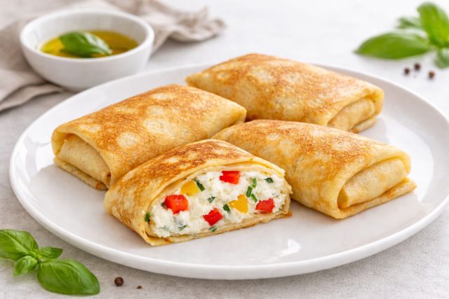 Мягкий сливочный сыр служит идеальным фоном для яркого, пикантного и слегка кисловатого вкуса маринованного перца. Зелень и масло добавляют свежести, превращая блин в изысканную средиземноморскую закуску. Мягкий сливочный сыр служит идеальным фоном для яркого, пикантного и слегка кисловатого вкуса маринованного перца. Зелень и масло добавляют свежести, превращая блин в изысканную средиземноморскую закуску.