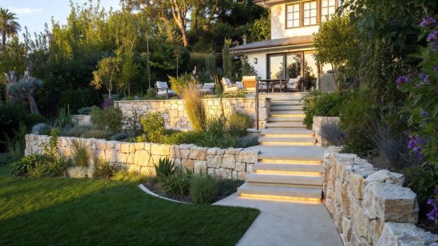 Сад с выраженным рельефом выглядит эффектно, но требует укрепления склонов и продуманной планировки, чтобы перепады высот не мешали использованию участка.