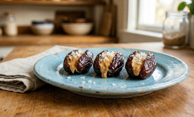 Мясистые финики, наполненные густой арахисовой пастой и присыпанные хлопьевидной солью, превращаются в быстрый домашний десерт с эффектом солёной карамели. Контраст сладкого, жирного и солёного работает безупречно.