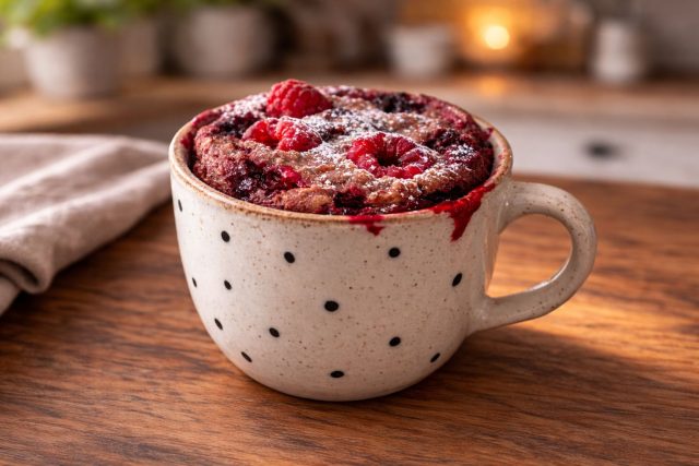 Пышный горячий кекс без классической муки выпекается прямо в кружке за пару минут. Ягоды внутри лопаются при нагреве, пропитывая мягкий бисквит кисло-сладким соком.