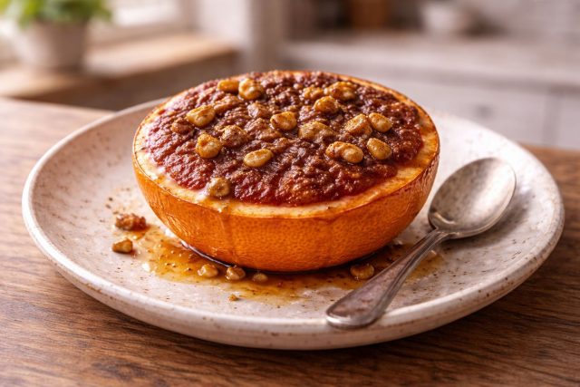 После нагрева грейпфрут теряет резкую горечь и раскрывается карамельной сладостью. Корица и орехи усиливают аромат, превращая цитрус в необычный горячий десерт.