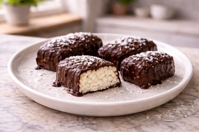 Плотные кокосово-творожные батончики с шоколадной глазурью напоминают любимые конфеты, но готовятся без выпечки. Холодными они становятся особенно насыщенными и сливочными.