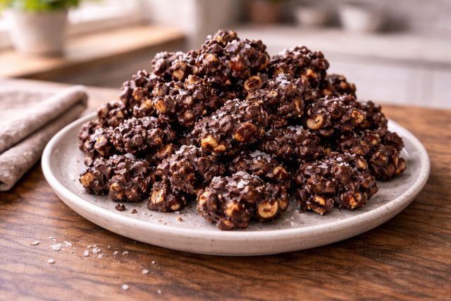 Воздушный солёный попкорн и орехи, скреплённые тёмным шоколадом, создают идеальный сладко-солёный перекус. Хрустящий десерт, который исчезает быстрее, чем планировалось.