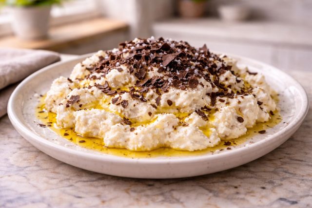 Нежная рикотта, фруктовое оливковое масло и стружка горького шоколада образуют неожиданно гармоничный десерт. Соль и мёд собирают вкус в сложную гастрономическую композицию.