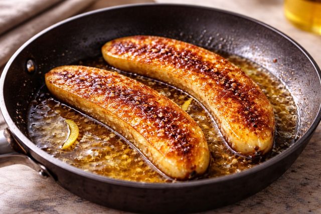 Бананы на сковороде покрываются глянцевой карамельной корочкой и становятся кремово-мягкими внутри. Капля лимонного сока балансирует сладость и делает вкус ярче.