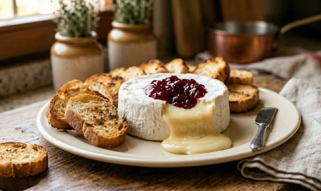 Разогретый камамбер превращается в тягучий сливочный крем, идеально сочетающийся с ягодным джемом. Эффектный десерт-закуска для уютного вечера без сложной готовки.