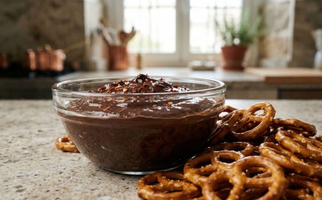 Растопленный тёмный шоколад с хлопьями чили создаёт контраст сладости, остроты и соли. Хрустящие крендельки превращают десерт в захватывающий формат для макания.