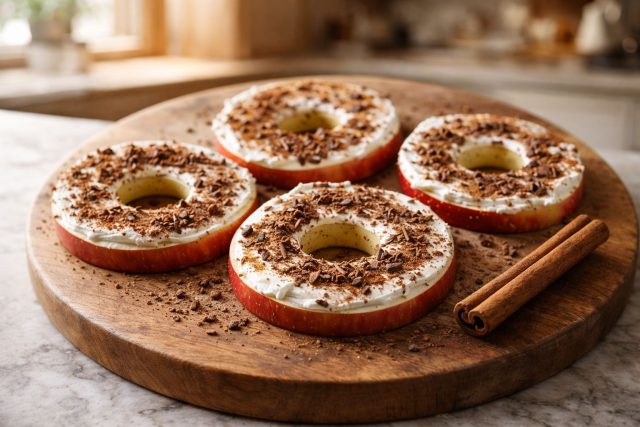 Хрустящие кольца свежего яблока с нежной сливочной намазкой, корицей и шоколадной крошкой создают ощущение настоящего десерта без теста. Лёгкий, сочный и удивительно сбалансированный перекус.