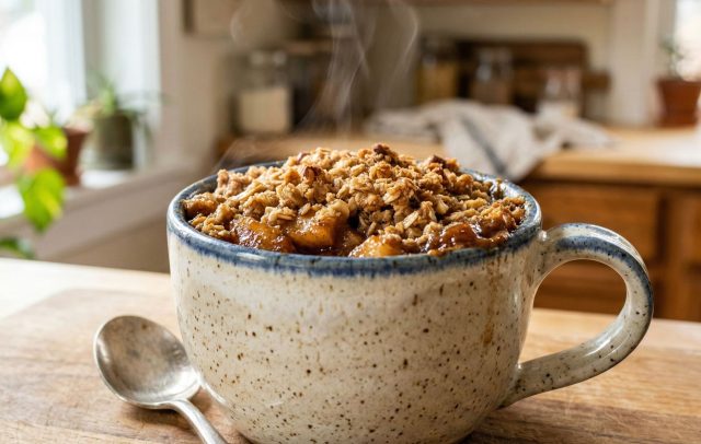 Горячие яблоки с корицей под хрустящей овсяно-ореховой крошкой создают эффект домашнего пирога прямо из микроволновки. Уютный десерт, который спасает, когда хочется выпечки здесь и сейчас.