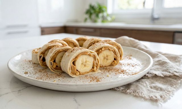 Мягкий банан, завернутый в тонкий лаваш с ореховой пастой, превращается в сладкие роллы, которые удобно есть руками. Простой перекус с контрастом кремовой начинки и плотной оболочки.