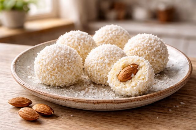 Нежные кокосовые шарики с цельным миндалём внутри напоминают любимые конфеты, но собираются без выпечки. Плотная текстура, сливочный вкус и приятный ореховый хруст в центре.