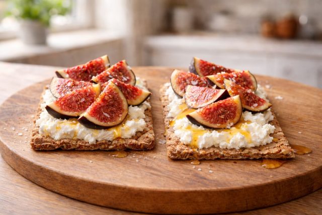 Хрустящий хлебец с воздушной рикоттой, сочным инжиром и каплей мёда выглядит как десерт из винного бара. Финальный штрих соли усиливает сладость и делает вкус многослойным.