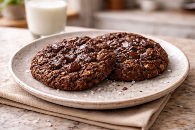 Горячее овсяное печенье с бананом и какао готовится прямо на сковороде за несколько минут. Снаружи появляется лёгкая корочка, а внутри остаётся мягкая тягучая шоколадная середина.