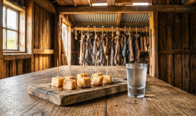 Кубики хаукарля на зубочистках выглядят почти безобидно, пока не подносишь их ближе. Резкий аммиачный запах бьёт мгновенно, а жёсткое мясо заставляет жевать дольше, чем хочется, запивая крепким алкоголем.