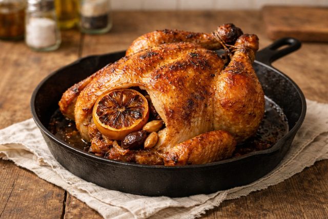 Лимон, втертый в кожу курочки и спрятанный внутрь курицы вместе с чесноком, помогает получить ту самую золотистую корочку: снаружи хруст, внутри сочное мясо с чистым ярким ароматом. Лимон, втертый в кожу курочки и спрятанный внутрь курицы вместе с чесноком, помогает получить ту самую золотистую корочку: снаружи хруст, внутри сочное мясо с чистым ярким ароматом.