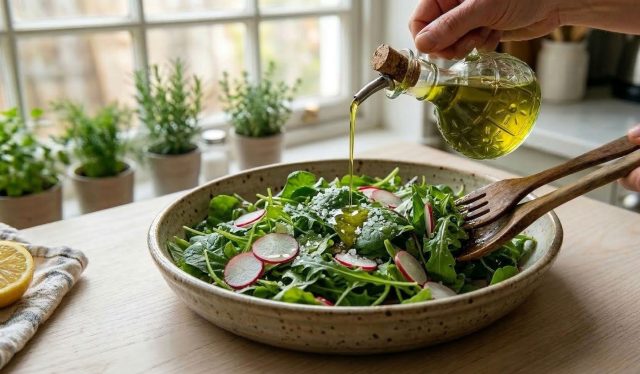 Лимонная заправка, добавленная в самом конце, помогает зеленому салату остаться хрустящим и живым: листья не обмякают раньше времени, а вкус получается чище и легче, чем с уксусом. Лимонная заправка, добавленная в самом конце, помогает зеленому салату остаться хрустящим и живым: листья не обмякают раньше времени, а вкус получается чище и легче, чем с уксусом.