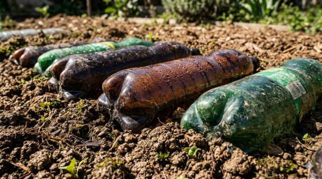 Тёмные бутылки с водой работают как аккумуляторы тепла: днём нагреваются от солнца, а ночью отдают тепло почве. Это сглаживает перепады температуры и помогает корням не «замирать» при ночных похолоданиях. Тёмные бутылки с водой работают как аккумуляторы тепла: днём нагреваются от солнца, а ночью отдают тепло почве. Это сглаживает перепады температуры и помогает корням не «замирать» при ночных похолоданиях.