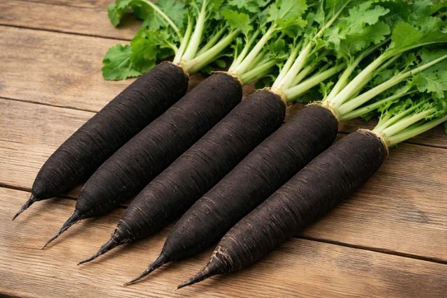 Необычный сорт с тёмными удлинёнными корнеплодами и сочной белой мякотью. Отличается сладковатым вкусом и хорошо подходит для употребления в свежем виде. Необычный сорт с тёмными удлинёнными корнеплодами и сочной белой мякотью. Отличается сладковатым вкусом и хорошо подходит для употребления в свежем виде.