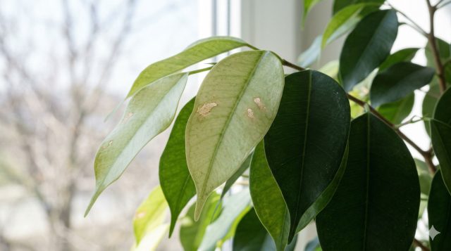 После зимы листья фикуса, привыкшие к слабому свету, оказываются не готовы к яркому весеннему солнцу. Они бледнеют, получают световые ожоги и постепенно уступают место новой, более устойчивой листве.