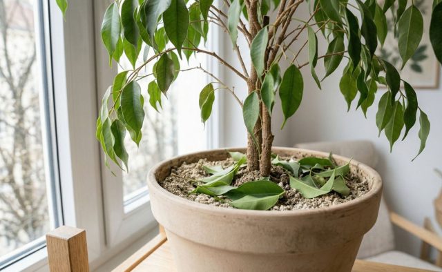 Весной фикус начинает расходовать воду иначе, чем зимой, и старый режим полива перестает работать. И пересушка, и перелив могут дать один итог: листья быстро теряют тургор и начинают опадать.