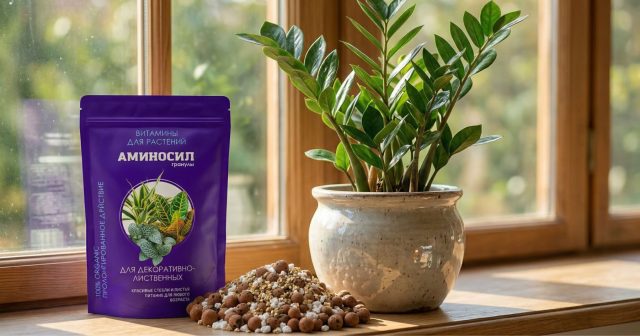 Замиокулькас не любит частых пересадок, поэтому при посадке важно сразу заложить питание. В субстрат добавляют гранулы Аминосил для декоративно-лиственных — 30–60 г на растение, тщательно перемешивают и после посадки обильно поливают. Замиокулькас не любит частых пересадок, поэтому при посадке важно сразу заложить питание. В субстрат добавляют гранулы Аминосил для декоративно-лиственных — 30–60 г на растение, тщательно перемешивают и после посадки обильно поливают.