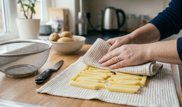 Даже хорошо промытую картошку нельзя бросать на сковороду мокрой. Обязательно обсушите её полотенцем: без лишней влаги ломтики быстрее схватятся корочкой и не начнут тушиться. Даже хорошо промытую картошку нельзя бросать на сковороду мокрой. Обязательно обсушите её полотенцем: без лишней влаги ломтики быстрее схватятся корочкой и не начнут тушиться.