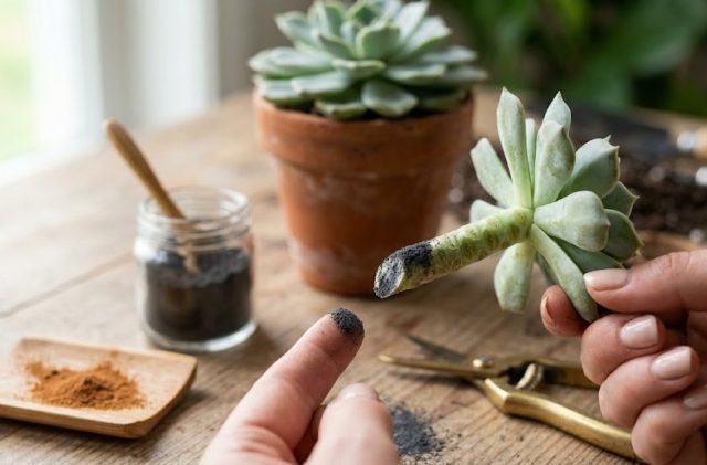 Припудриваем срезы растения толчёным углём