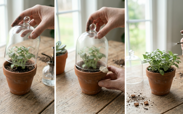 После пересадки растениям с тонкими листьями полезна повышенная влажность. Простой способ — покупной пластиковый колпак или пакет с регулярным проветриванием.