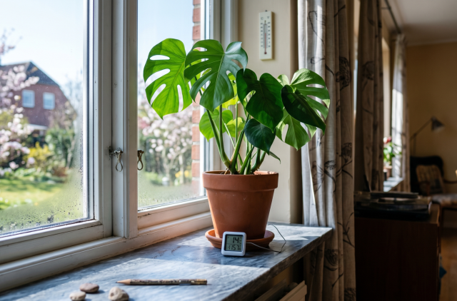 Горшок с растением на холодном подоконнике