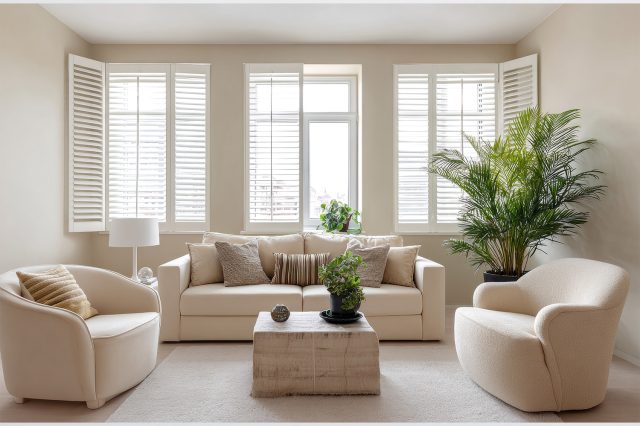 Группа из трех разных растений в интерьере гостиной